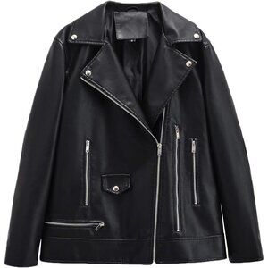 Women's Black 2 Faux Leather Lapel Collar Zip Up Long Sleeve Short Coat Jacket